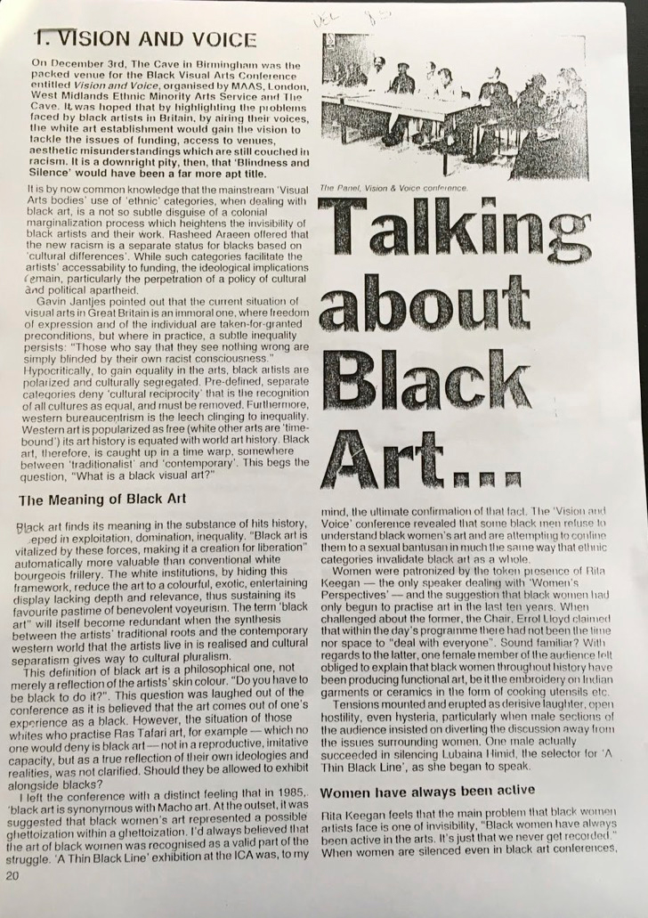 A scan of an old black and white newspaper article with the title Talking about Black Art