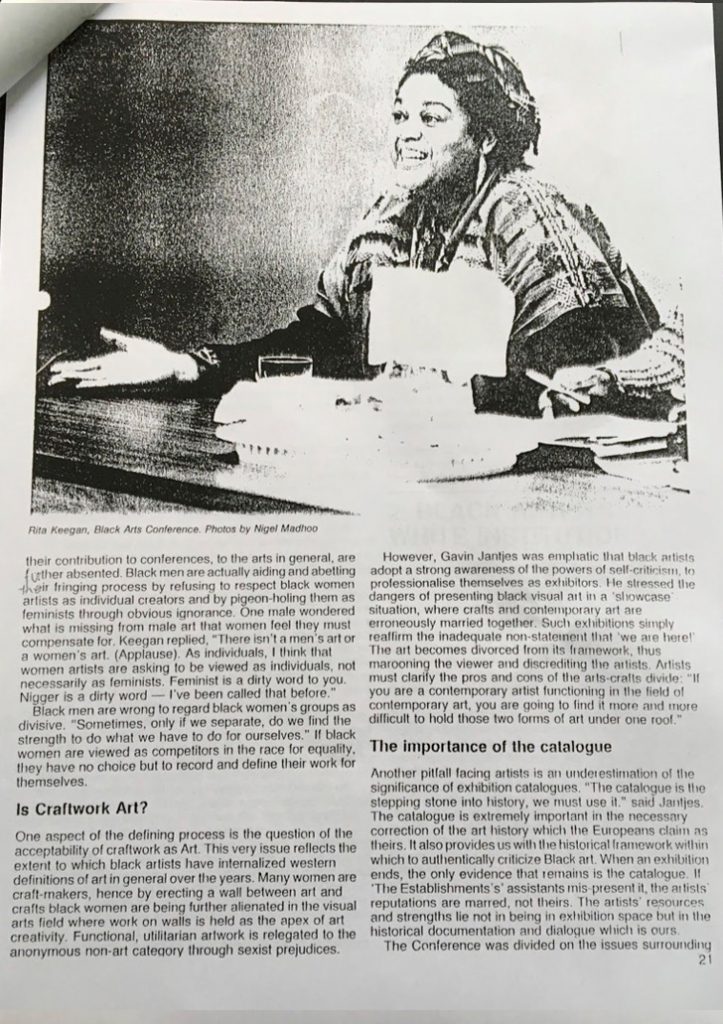 A scan of an old black and white newspaper article with a picture of Rita Keegan at a Black Arts Conference